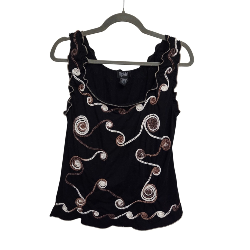 90s Vintage Objects D'Art Embroidered Tank‎ Top Sleeveless Black Top Size L